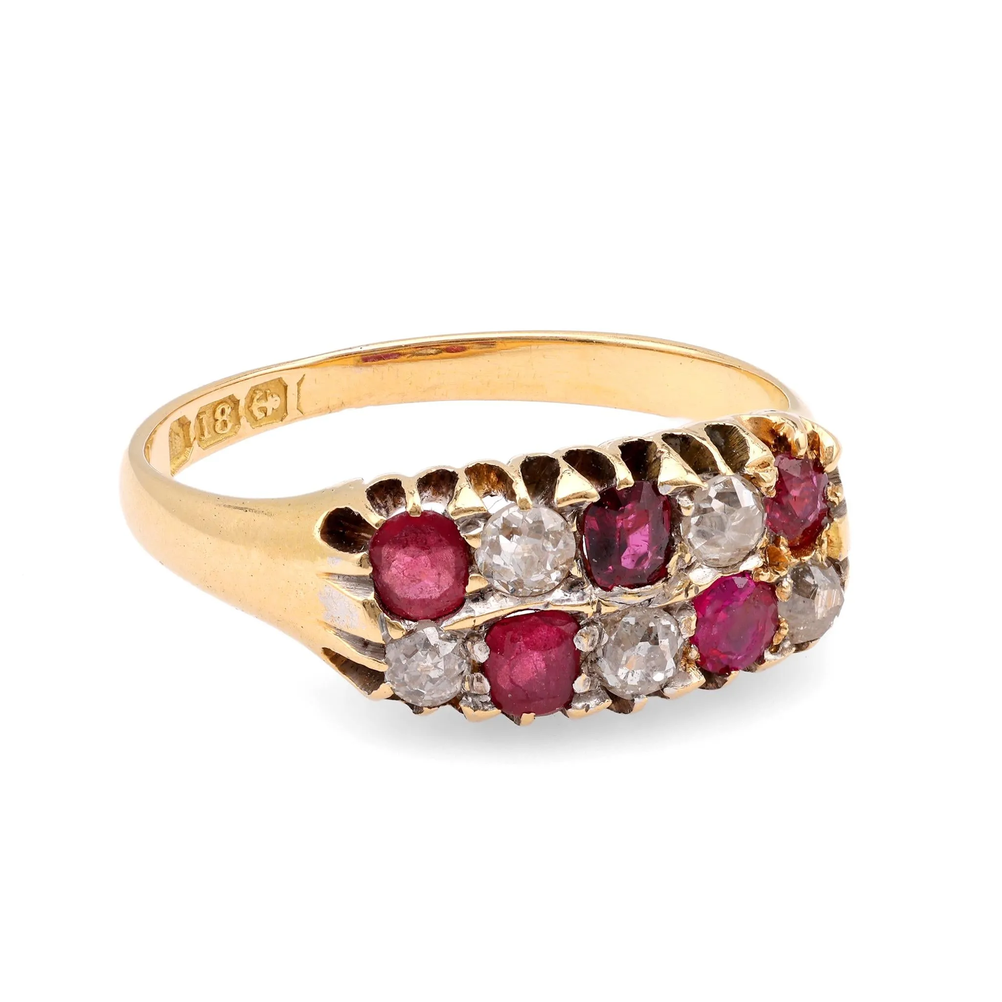 Antique Ruby Diamond 18K Yellow Gold Checkerboard Ring