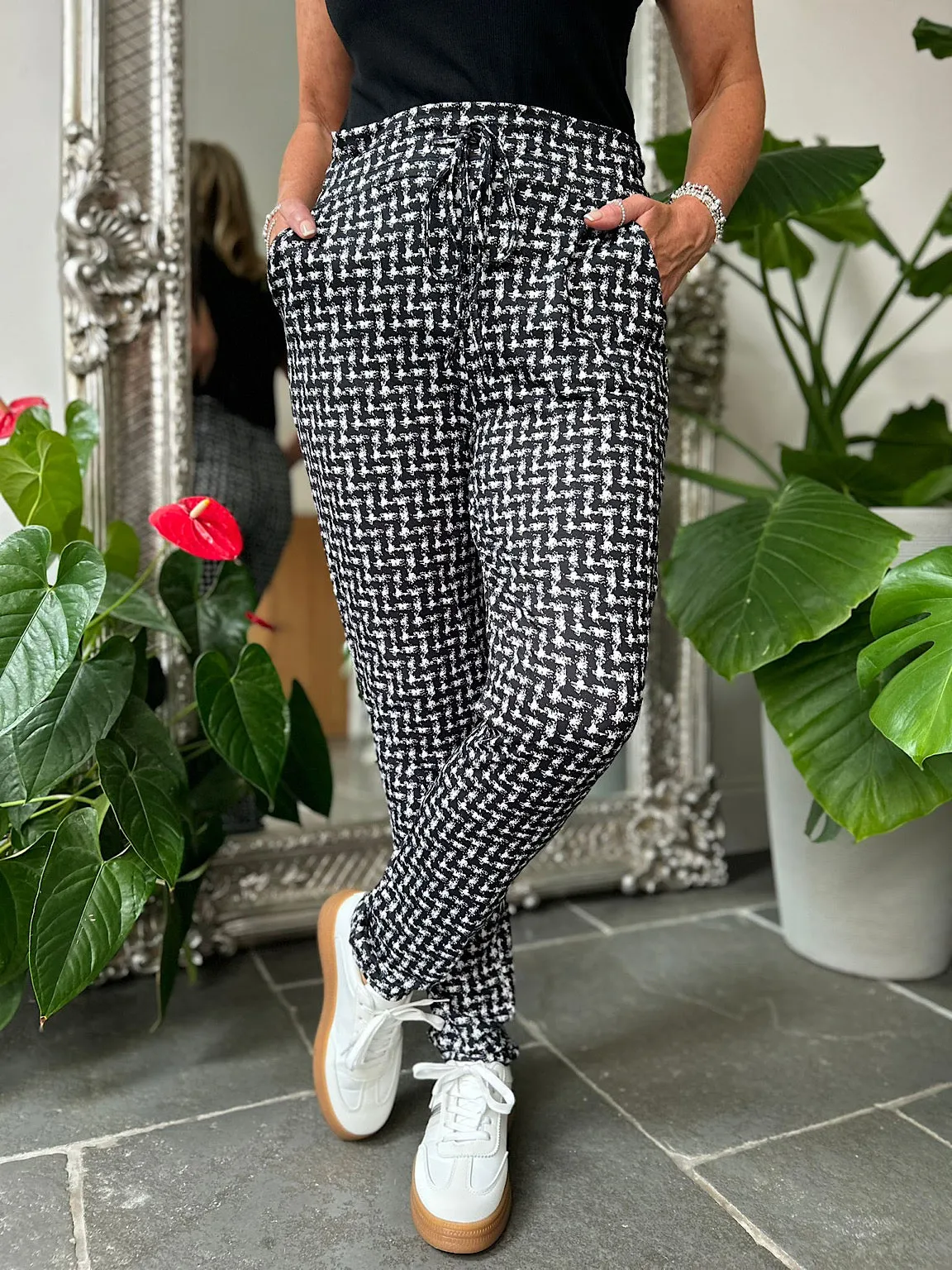 Black Check Print Super Soft Straight Leg Trousers