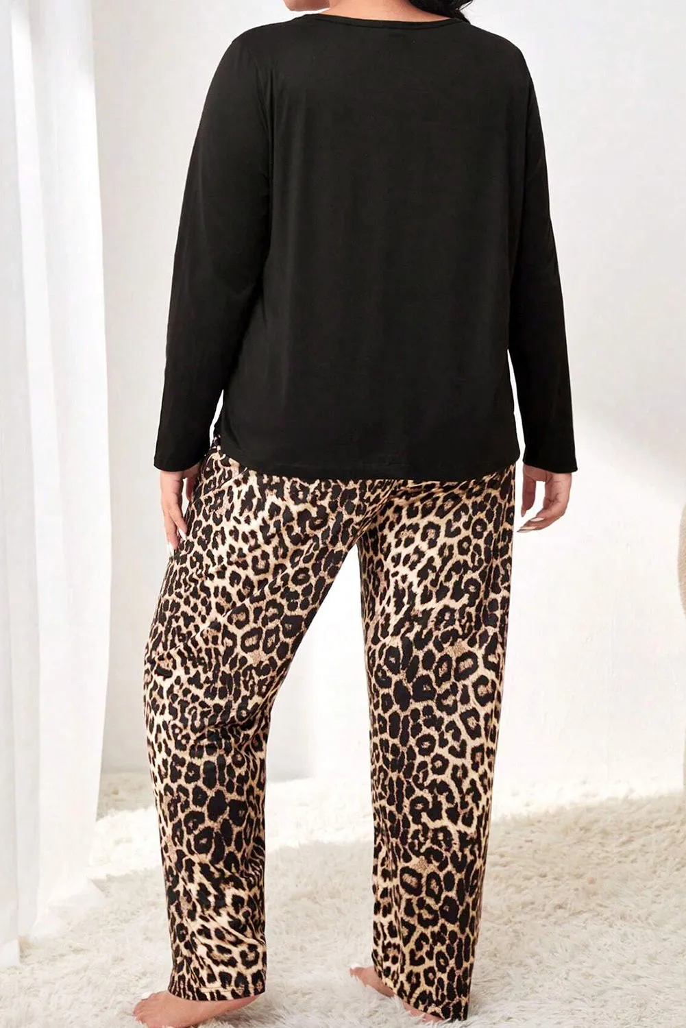 Black Leopard Patched Pocket Long Sleeve Top Plus Size Pants Set