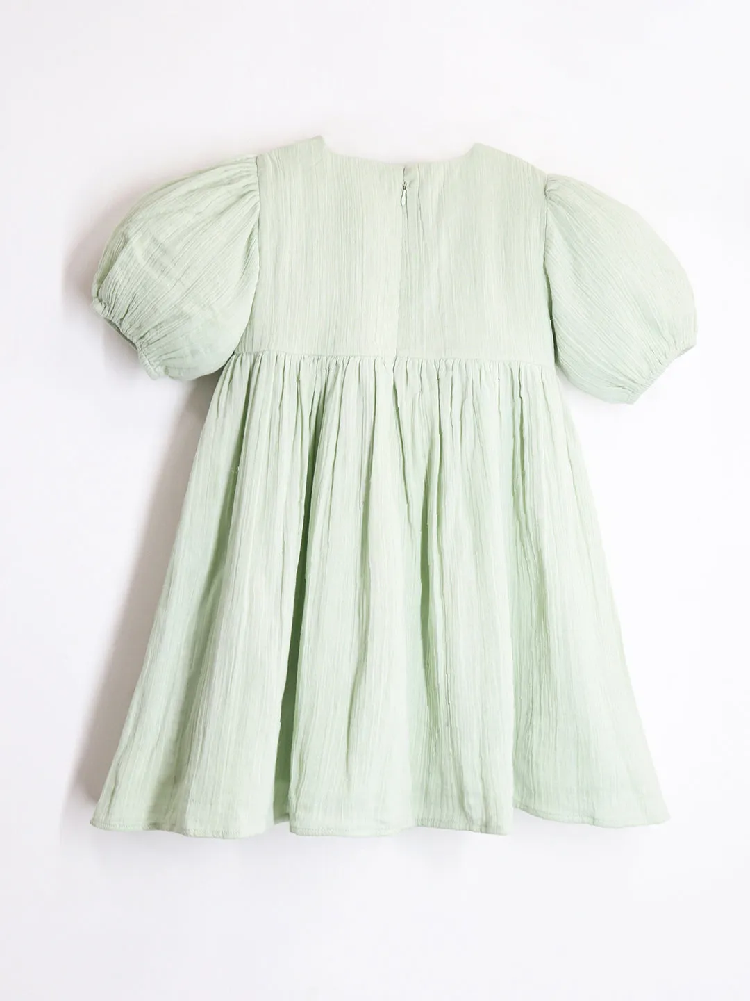 Cherry Crumble Cotton Green Round neck with Zipper Closure embroidered Fit & Dress Flare For Girls