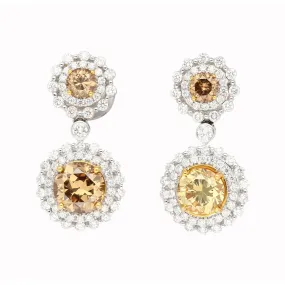 GIA Certified 3.96 Carat Round Fancy Brown To Yellow Diamond Drop Earrings