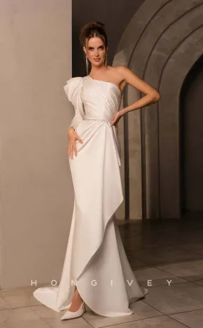 H1016 - Sexy Satin One Shoulder Long Sleeve Gown Ruched With Sweep Train Long Wedding Dress