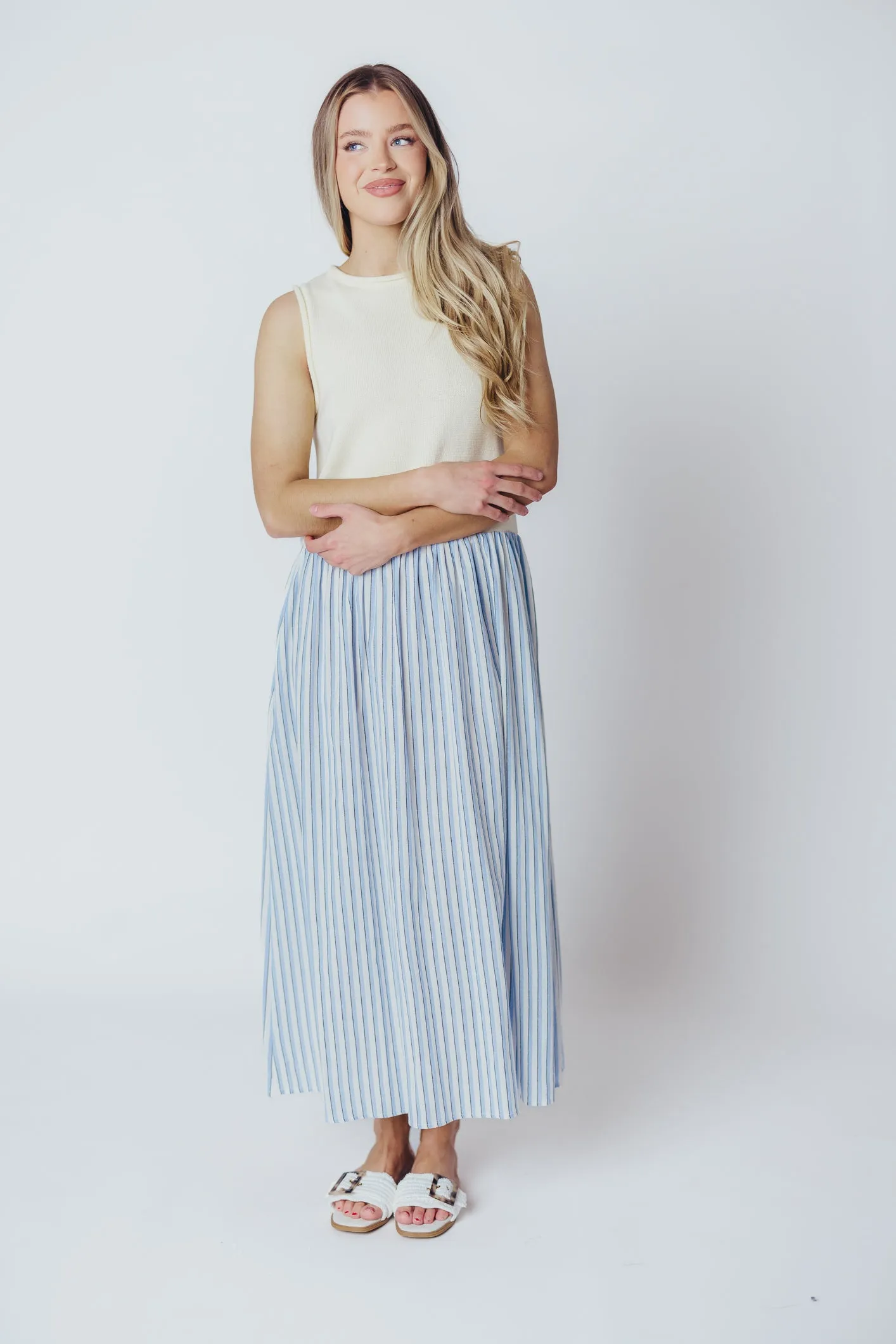 Hannah Combination Midi Dress in Ivory/Blue