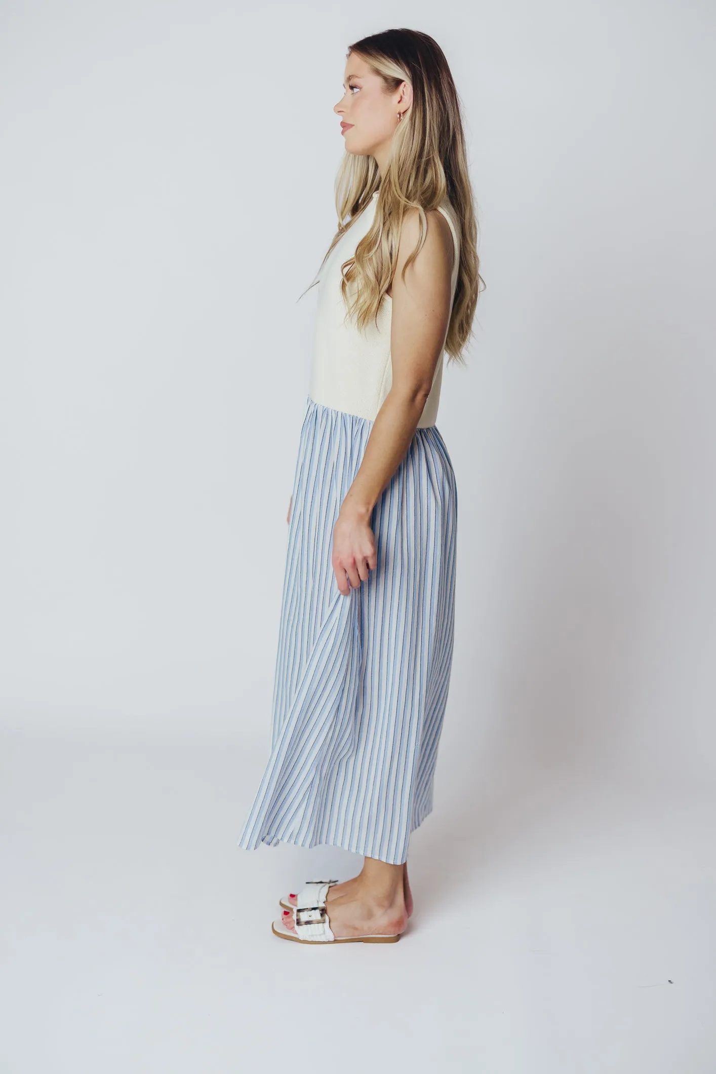 Hannah Combination Midi Dress in Ivory/Blue