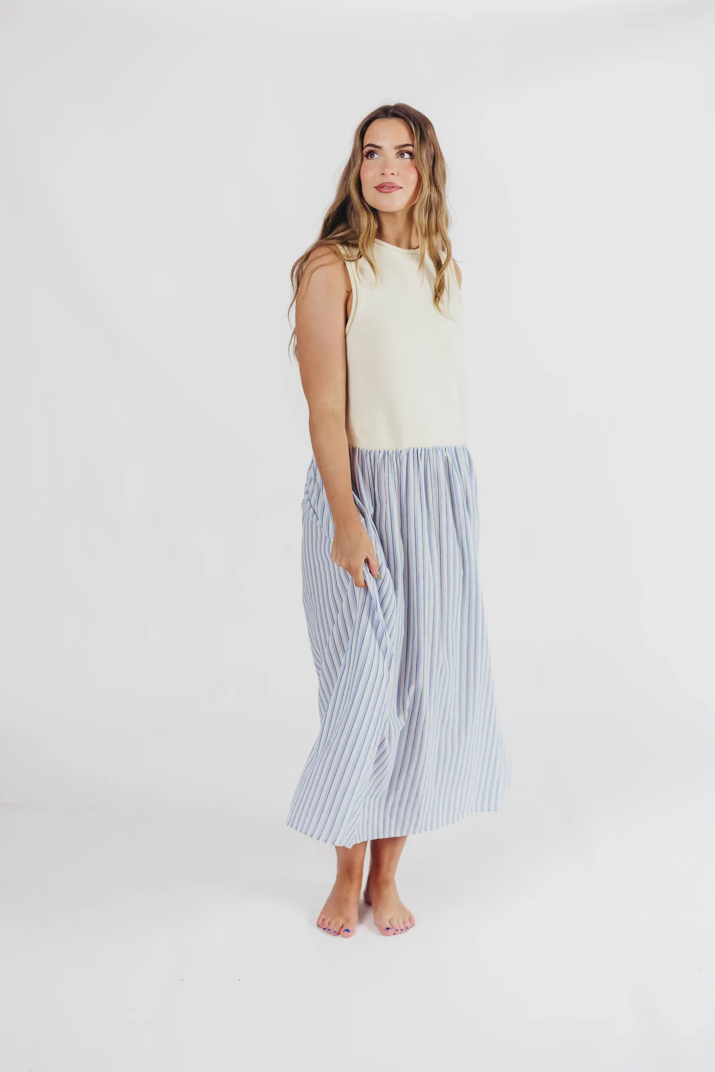 Hannah Combination Midi Dress in Ivory/Blue