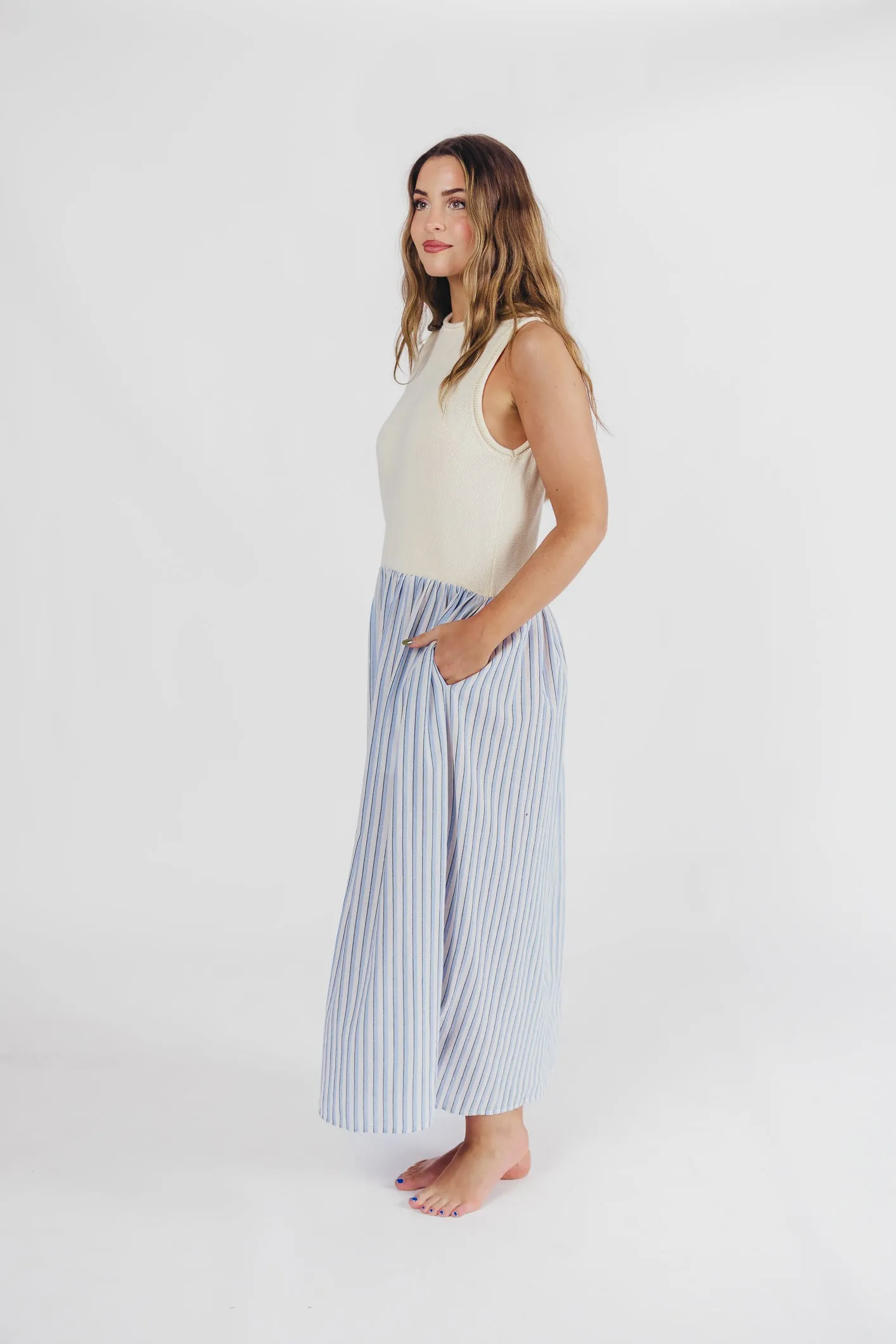 Hannah Combination Midi Dress in Ivory/Blue