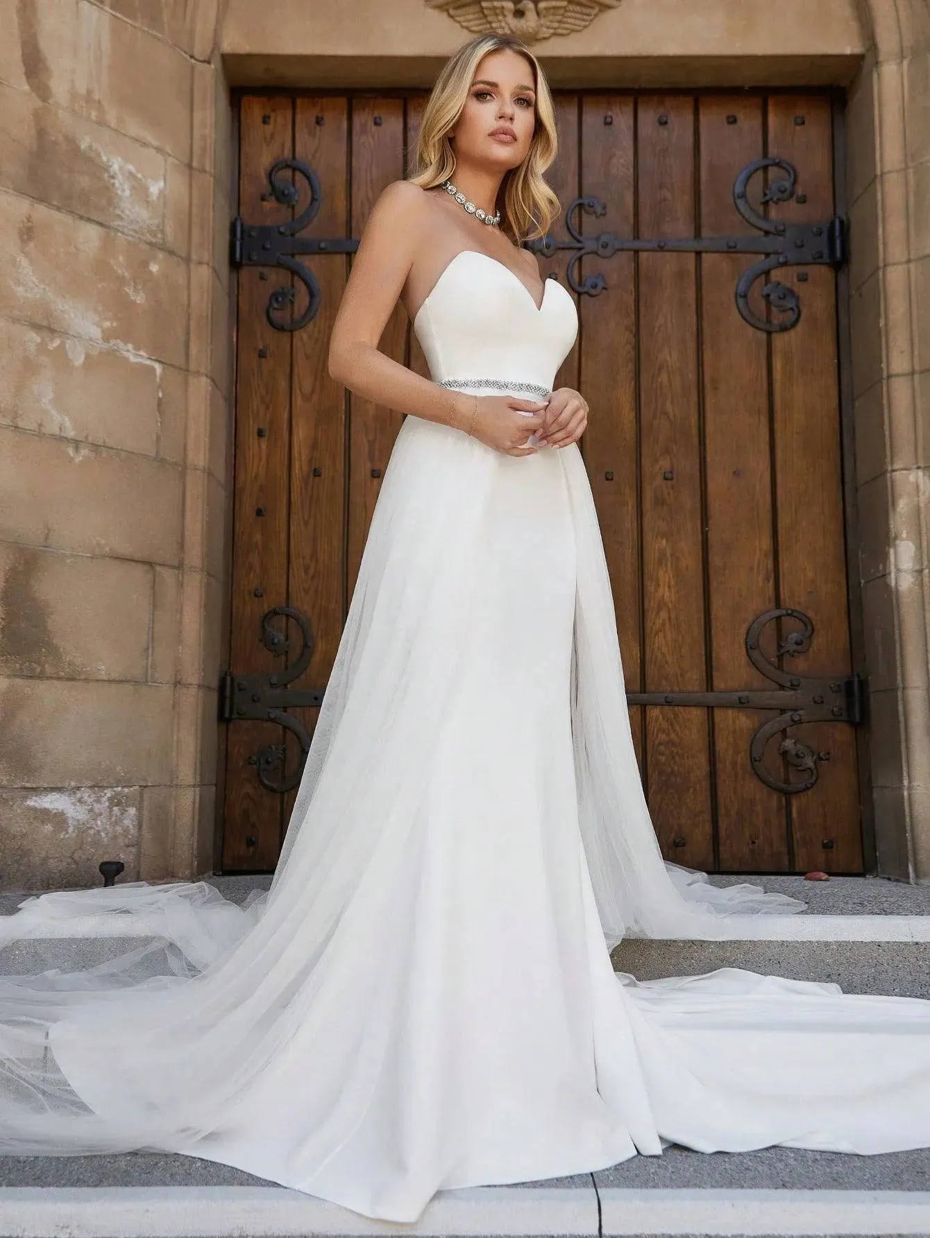 Mesh Overlay Rhinestone Waistband Tube Wedding Dress