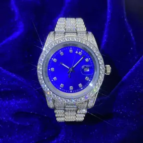 Moissanite Presidential Watch | Blue Face | 41MM | 13.3CT Iced Out | 14K White Gold