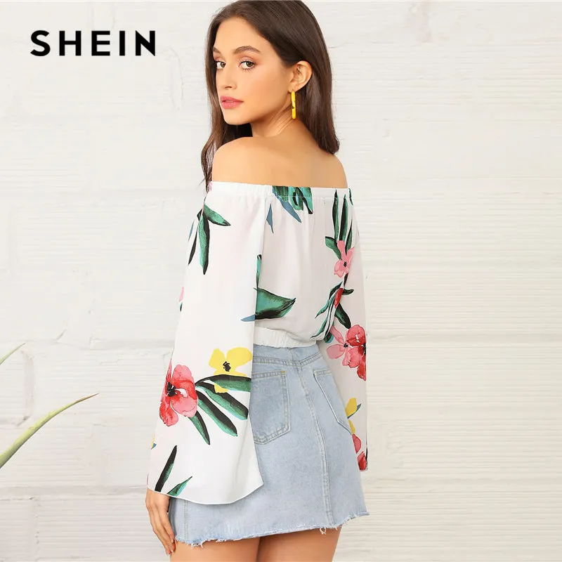 SHEIN Boho White Botanical Print Flare Sleeve Bardot Crop Top Blouse Women Off the Shoulder Spring Autumn Beach Style Blouses