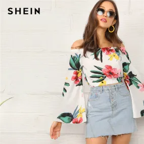 SHEIN Boho White Botanical Print Flare Sleeve Bardot Crop Top Blouse Women Off the Shoulder Spring Autumn Beach Style Blouses