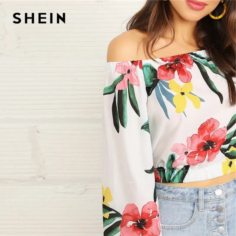 SHEIN Boho White Botanical Print Flare Sleeve Bardot Crop Top Blouse Women Off the Shoulder Spring Autumn Beach Style Blouses