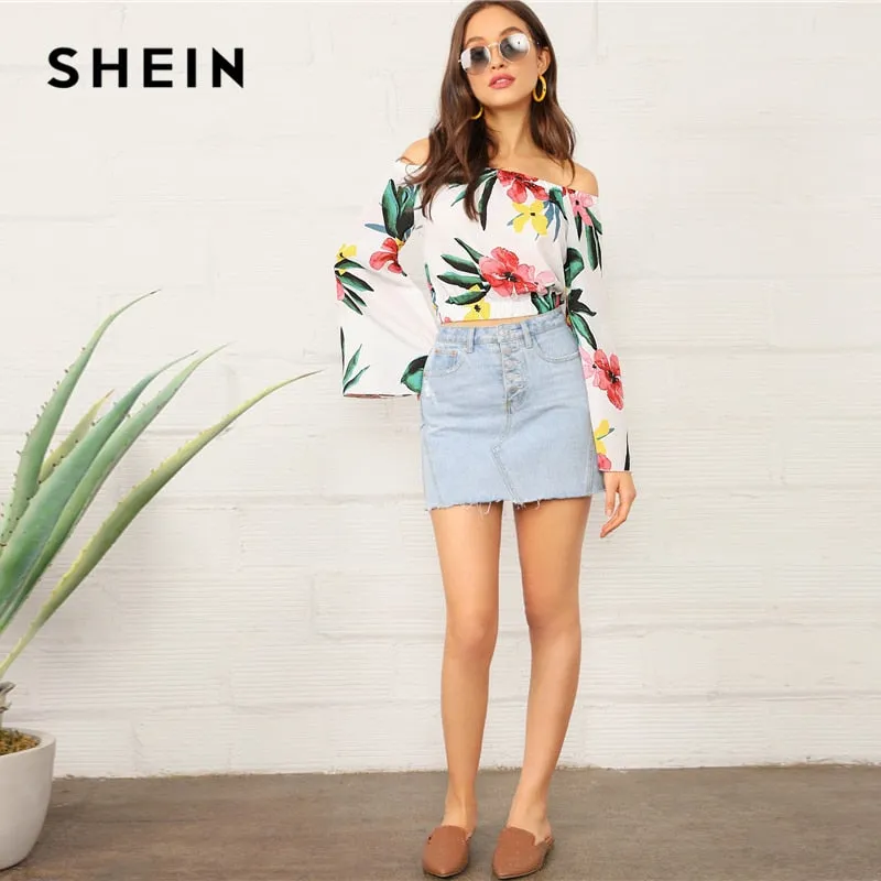 SHEIN Boho White Botanical Print Flare Sleeve Bardot Crop Top Blouse Women Off the Shoulder Spring Autumn Beach Style Blouses