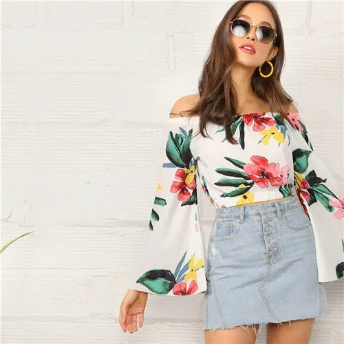 SHEIN Boho White Botanical Print Flare Sleeve Bardot Crop Top Blouse Women Off the Shoulder Spring Autumn Beach Style Blouses