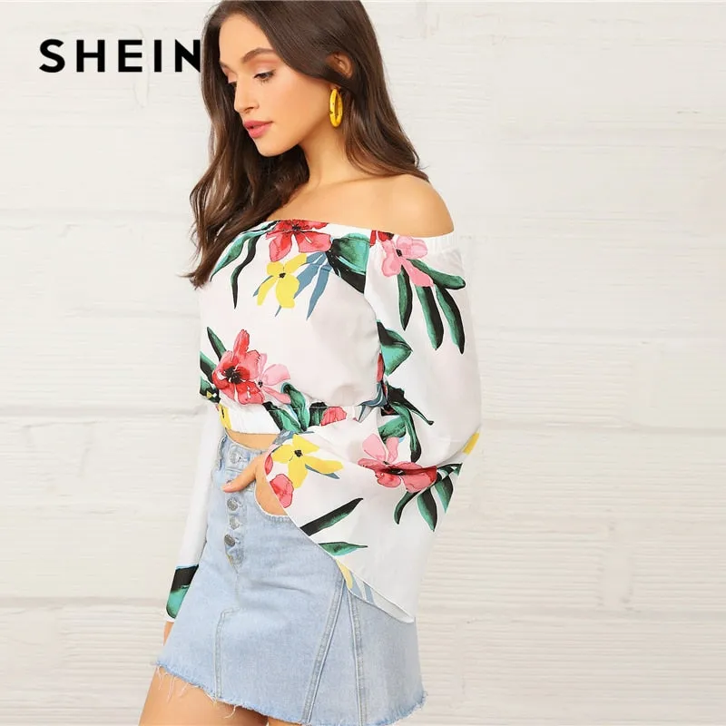 SHEIN Boho White Botanical Print Flare Sleeve Bardot Crop Top Blouse Women Off the Shoulder Spring Autumn Beach Style Blouses