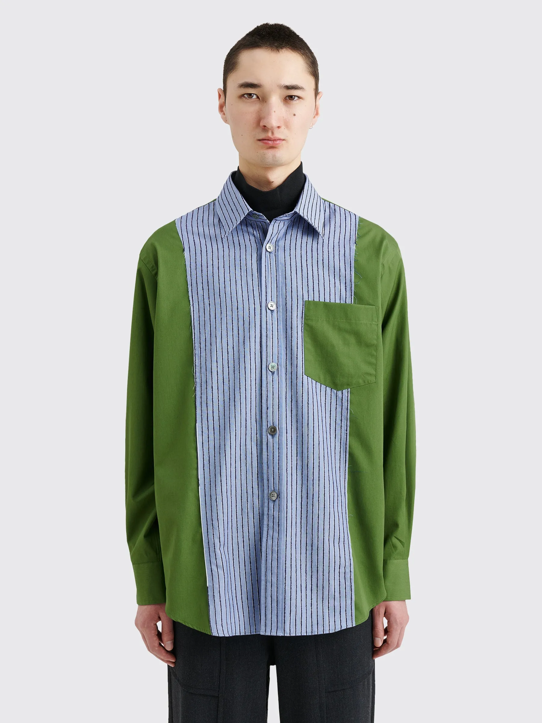 TRS BIEN everywear Raw Seam Oversized Classic Shirt Cotton Green Stripe